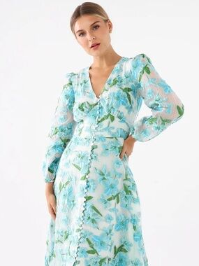 ABBEY GLASS BROOKE TROPICAL TURQUOISE ORGANZA V-NECK LONG SLEEVE MIDI DRESS